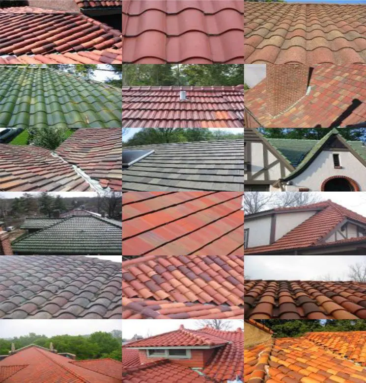 A collage of different types of roofs and shingles.